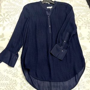 EUC Vince Textured Silk Band Blouse, Semi-Sheer, Navy Blue, Size 4
